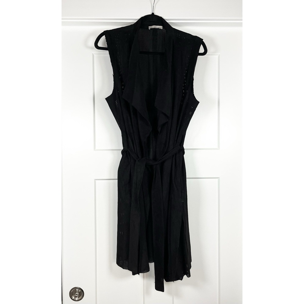 Joan Vass Mesh Faux Suede Long Vest Black Duster Belted Women's L Quiet Luxury